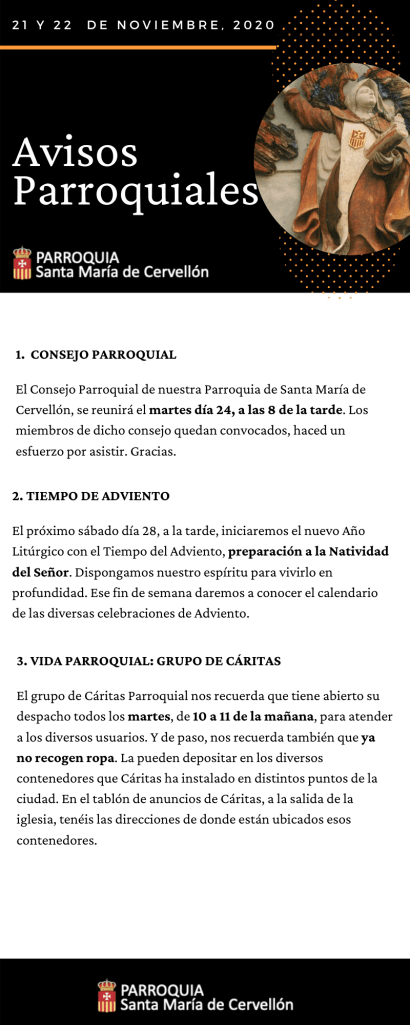 Avisos Parroquiales 21 y 22 de Noviembre, 2020